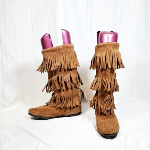 Minnetonka Brown Suede 3 Layer Fringe Moccasin Boots~6~ - Picture 2 of 6